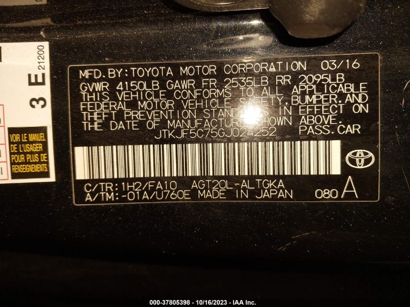 2016 TOYOTA SCION TC JTKJF5C75GJ024252