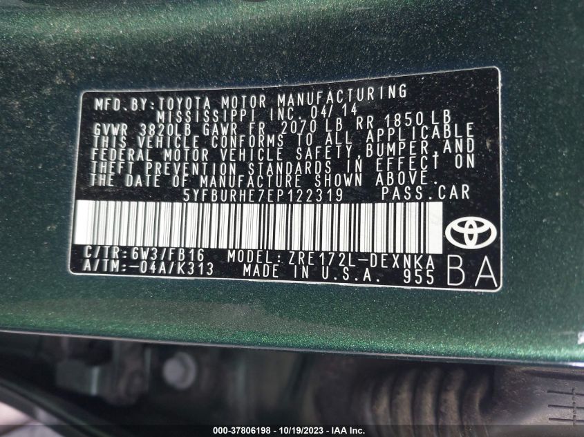 2014 TOYOTA COROLLA L/LE/S/S PLUS/LE PLUS - 5YFBURHE7EP122319