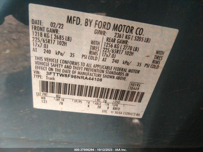 2022 FORD MAVERICK XL/XLT/LARIAT - 3FTTW8F98NRA44108