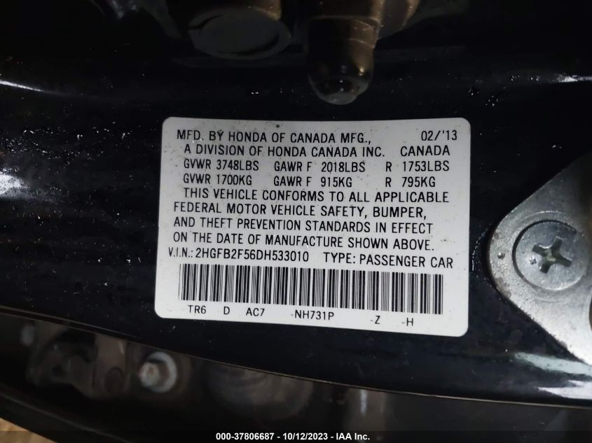 2013 HONDA CIVIC SDN LX - 2HGFB2F56DH533010