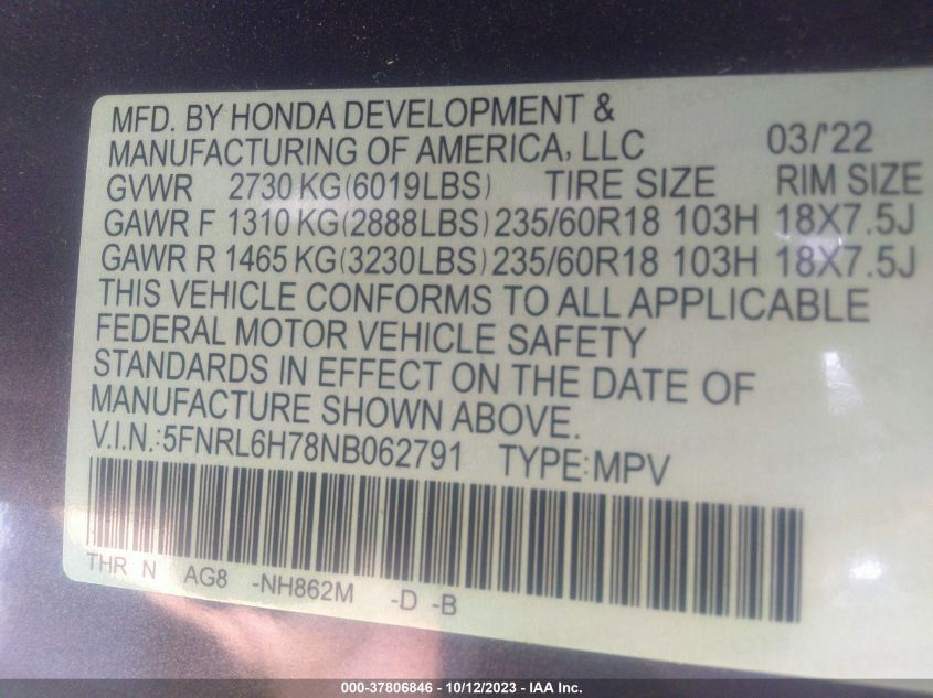 5FNRL6H78NB062791 Honda Odyssey EX-L 9