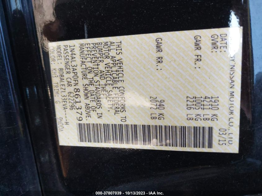 2015 NISSAN ALTIMA 2.5/S/SV/SL - 1N4AL3APOFN861379