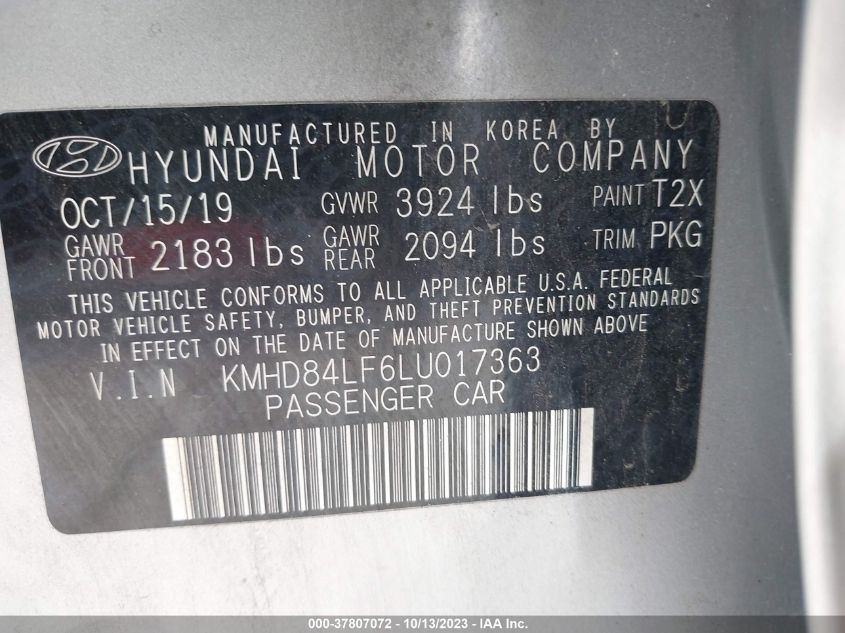 2020 HYUNDAI ELANTRA SEL - KMHD84LF6LU017363