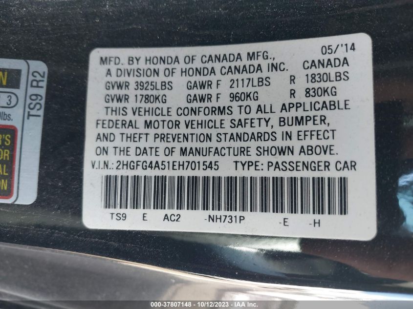 2014 HONDA CIVIC COUPE SI 2HGFG4A51EH701545