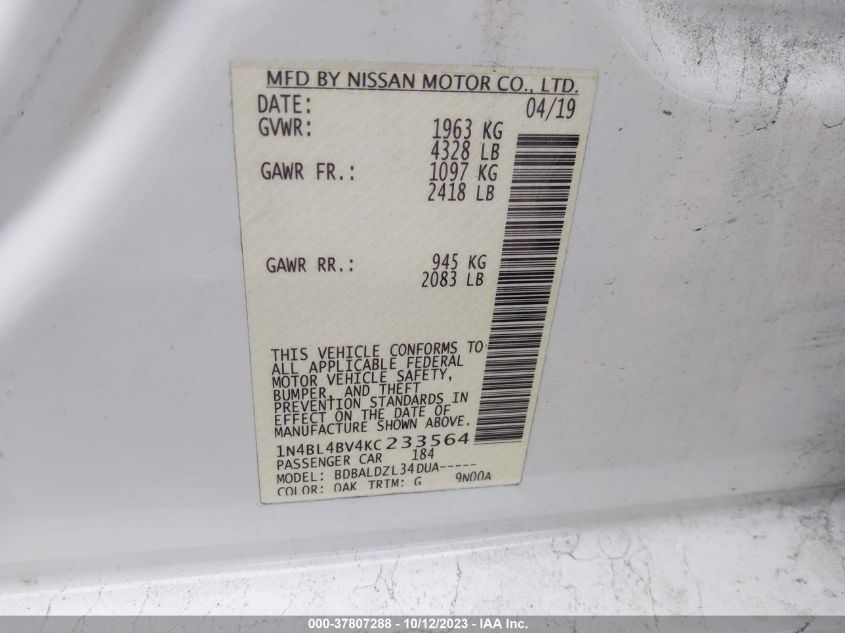 2019 NISSAN ALTIMA S - 1N4BL4BV4KC233564