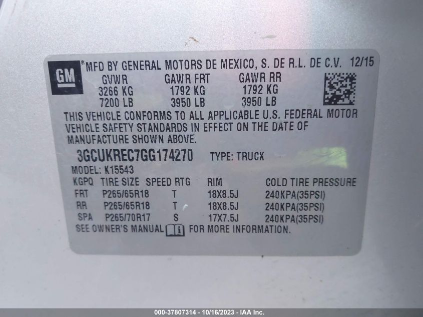 2016 CHEVROLET SILVERADO 1500 LT - 3GCUKREC7GG174270