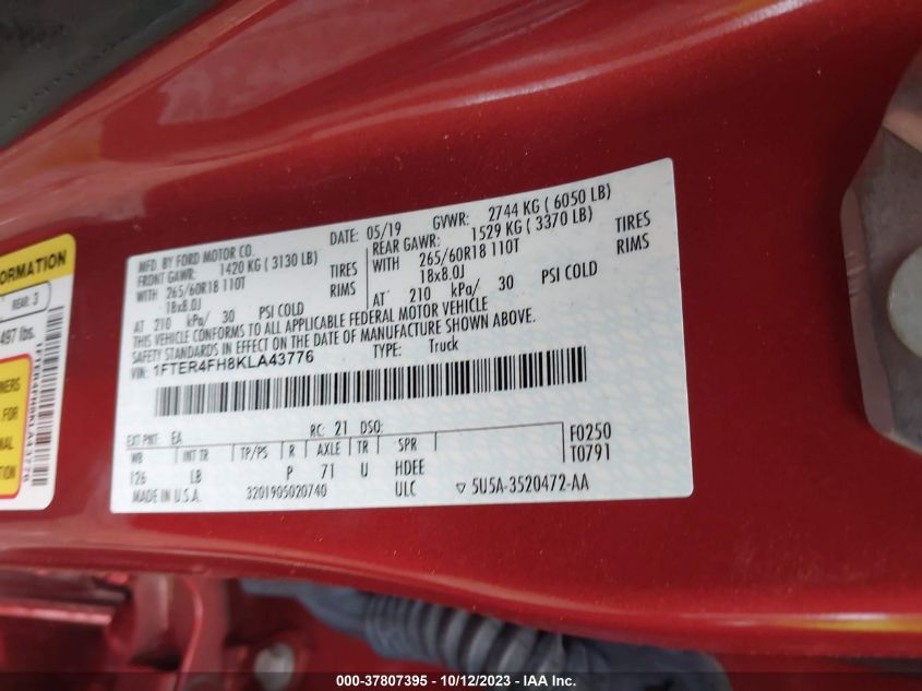 2019 FORD RANGER XL/XLT/LARIAT - 1FTER4FH8KLA43776