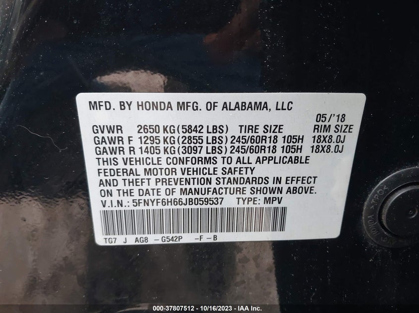 VIN 5FNYF6H66JB059537 2018 HONDA PILOT EXL