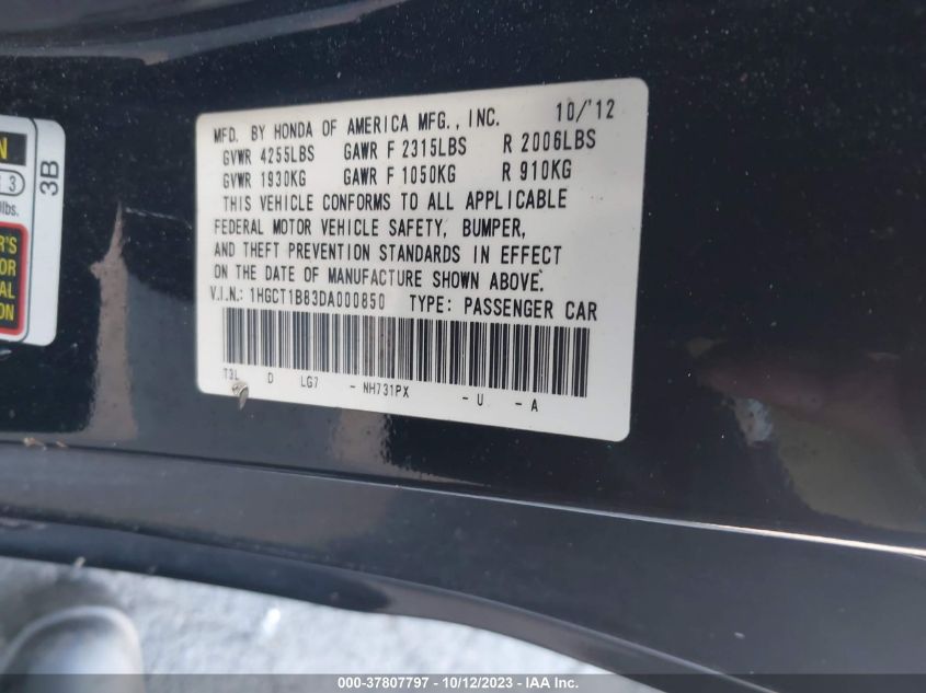2013 HONDA ACCORD CPE EX-L 1HGCT1B83DA000850