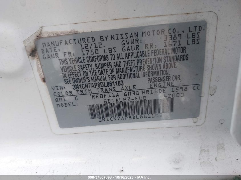 2013 NISSAN VERSA S/S PLUS/SV/SL - 3N1CN7AP8DL861103