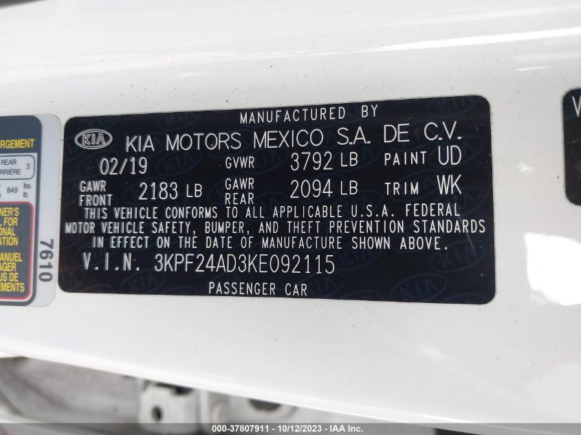 2019 KIA FORTE FE/LX/LXS - 3KPF24AD3KE092115