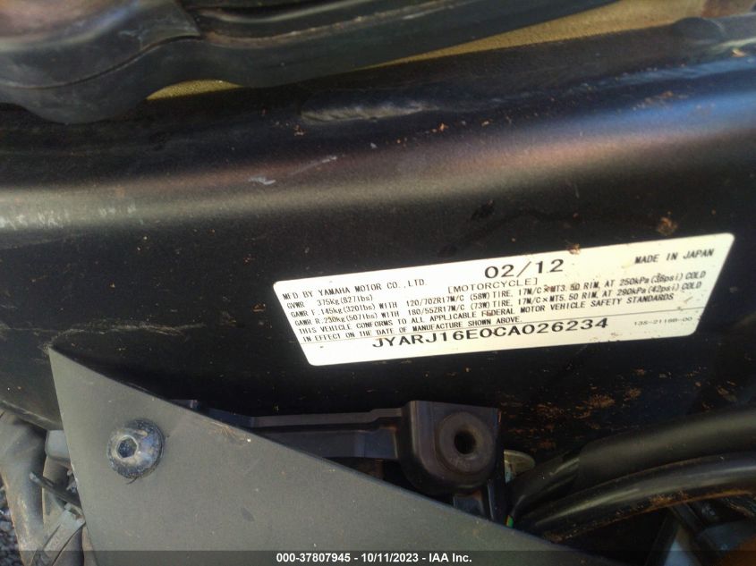 2012 YAMAHA YZFR6 JYARJ16E0CA026234