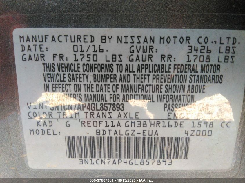 2016 NISSAN VERSA SL - 3N1CN7AP4GL857893