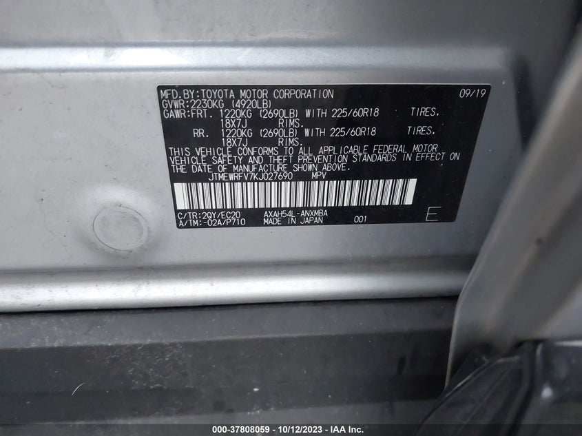 VIN JTMEWRFV7KJ027690 2019 TOYOTA RAV4 XSE