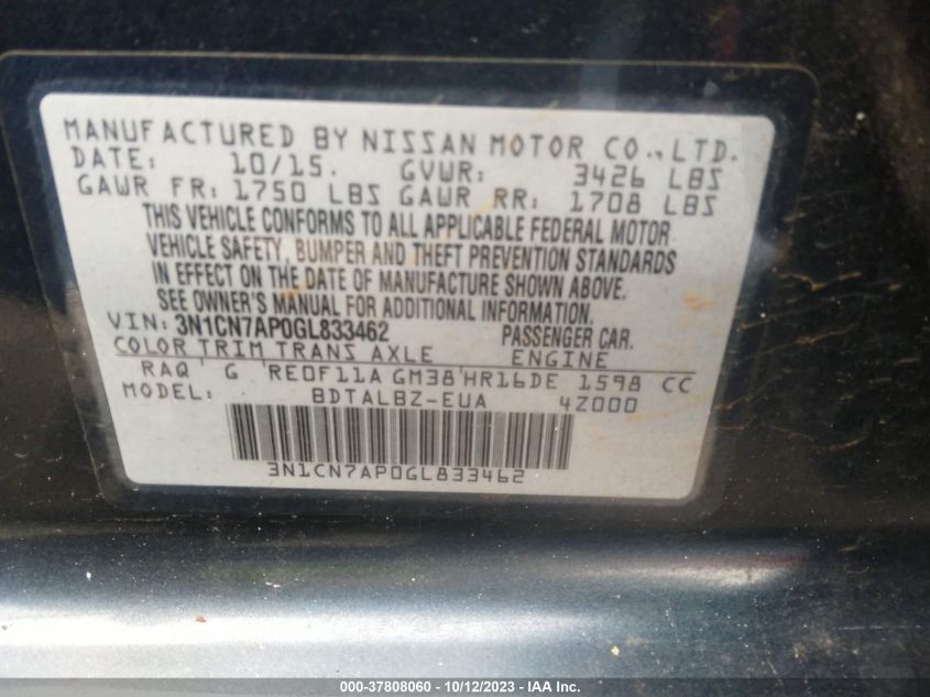 2016 NISSAN VERSA S/S PLUS/SV/SL - 3N1CN7AP0GL833462