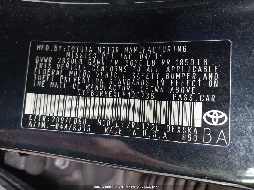 2014 TOYOTA COROLLA L/LE/S/S PLUS/LE PLUS - 5YFBURHEXEP130236