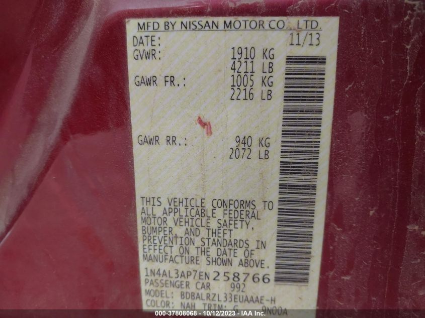 2014 NISSAN ALTIMA 2.5/S/SV/SL - 1N4AL3AP7EN258766