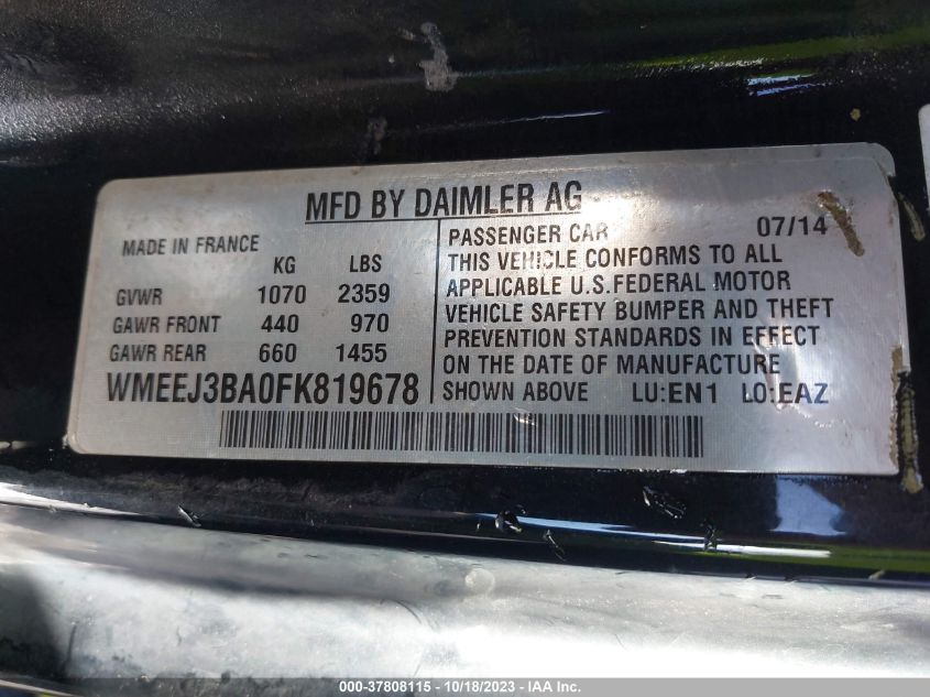 2015 SMART FORTWO PASSION/PURE WMEEJ3BA0FK819678
