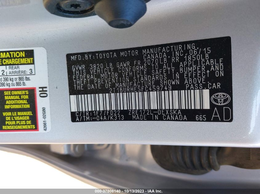 2015 TOYOTA COROLLA L/LE/S/S PLUS/LE PLUS - 2T1BURHE5FC459749