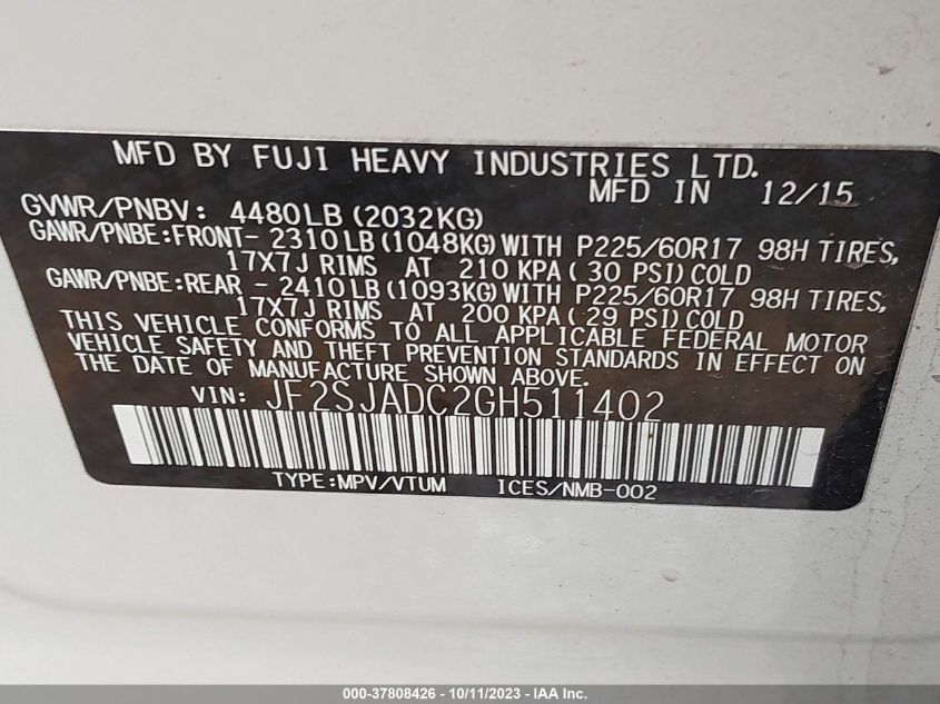 2016 SUBARU FORESTER 2.5I PREMIUM - JF2SJADC2GH511402
