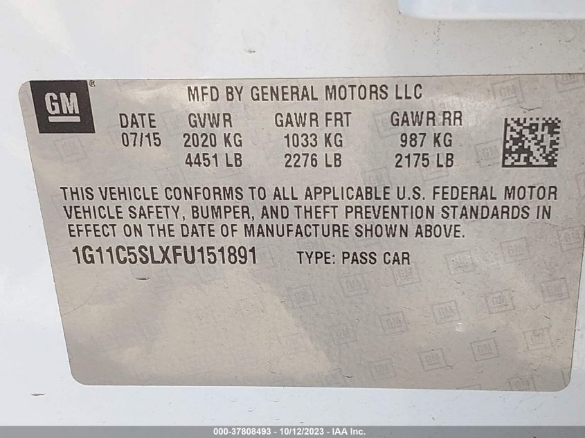 2015 CHEVROLET MALIBU LT - 1G11C5SLXFU151891