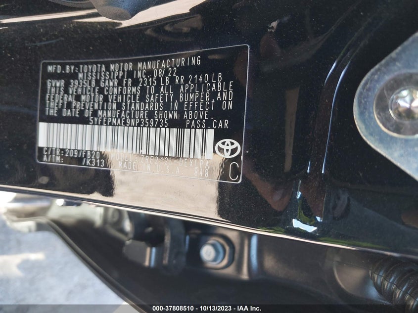 VIN 5YFEPMAE9NP359735 2022 TOYOTA COROLLA LE