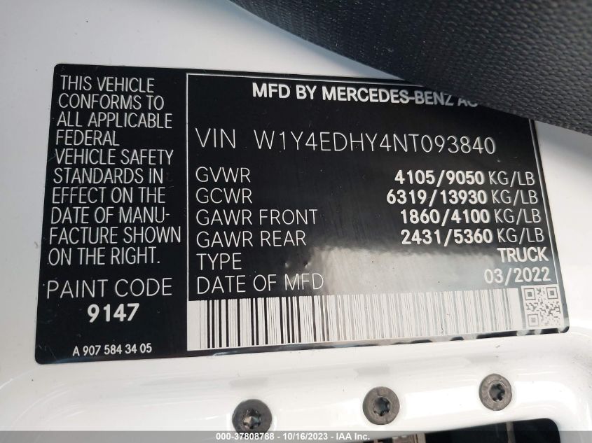 2022 MERCEDES-BENZ SPRINTER 2500 HIGH ROOF V6 W1Y4EDHY4NT093840