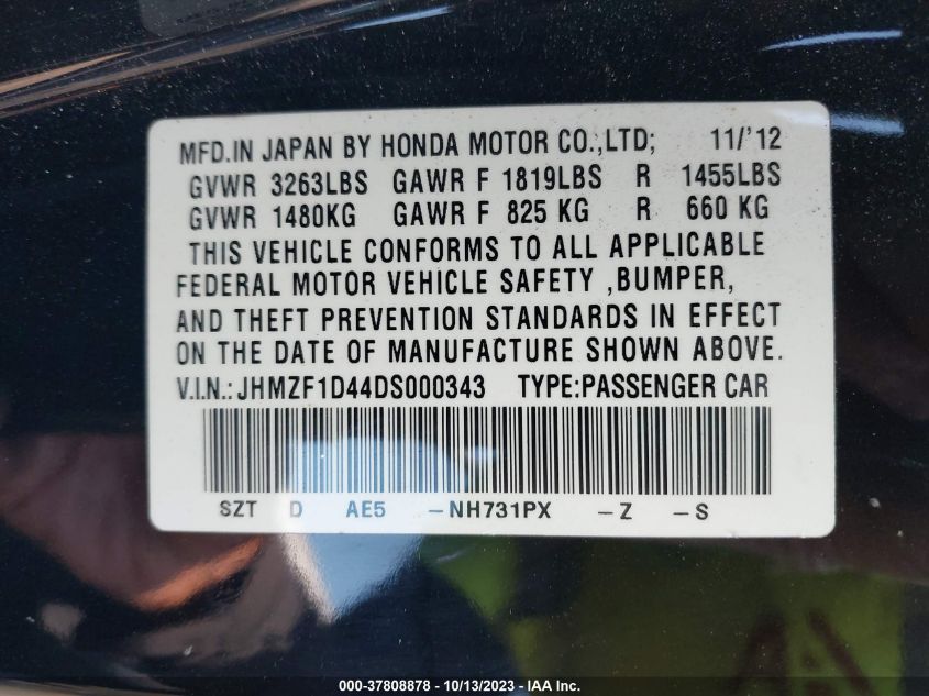 2013 HONDA CR-Z JHMZF1D44DS000343