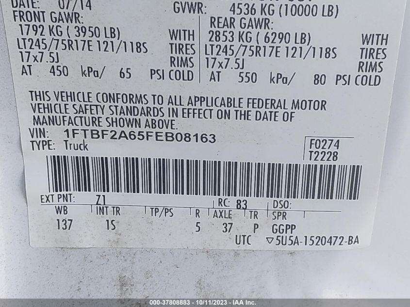 2015 FORD SUPER DUTY F-250 SRW XL/XLT - 1FTBF2A65FEB08163