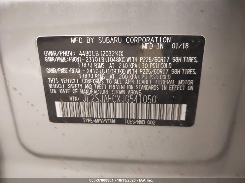 VIN JF2SJAECXJG541050 2018 SUBARU FORESTER PREMIUM