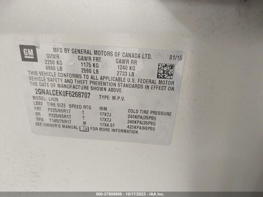 2015 CHEVROLET EQUINOX LT - 2GNALCEK0F6268707