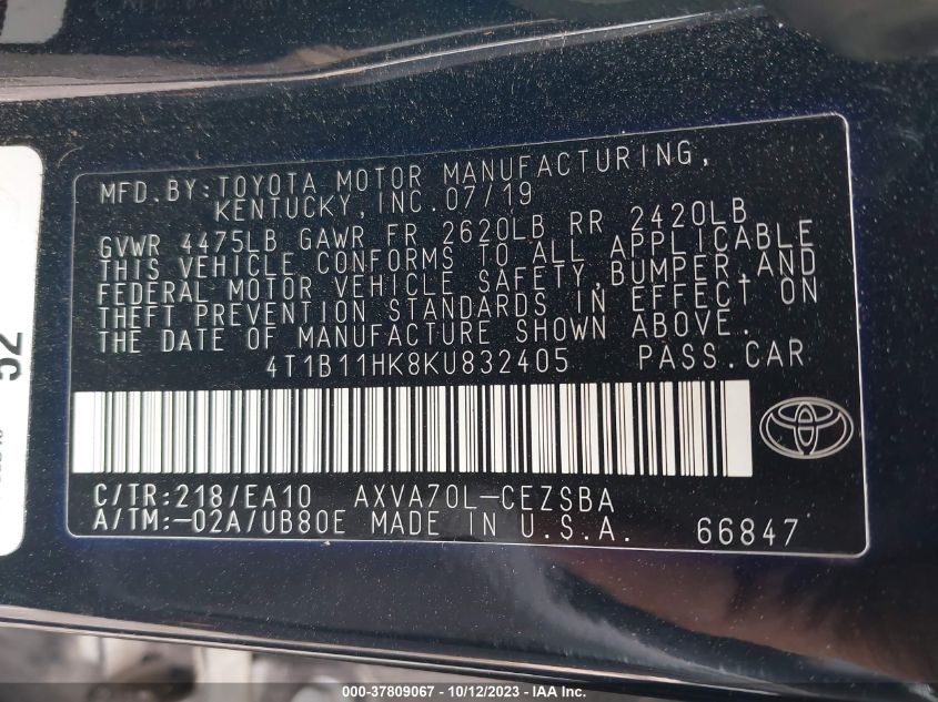 2019 TOYOTA CAMRY L/LE/XLE/SE/XSE - 4T1B11HK8KU832405