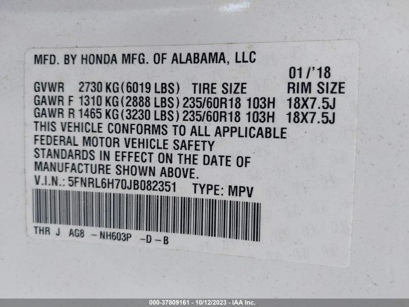 5FNRL6H70JB082351 2018 HONDA ODYSSEY, photo no. 9