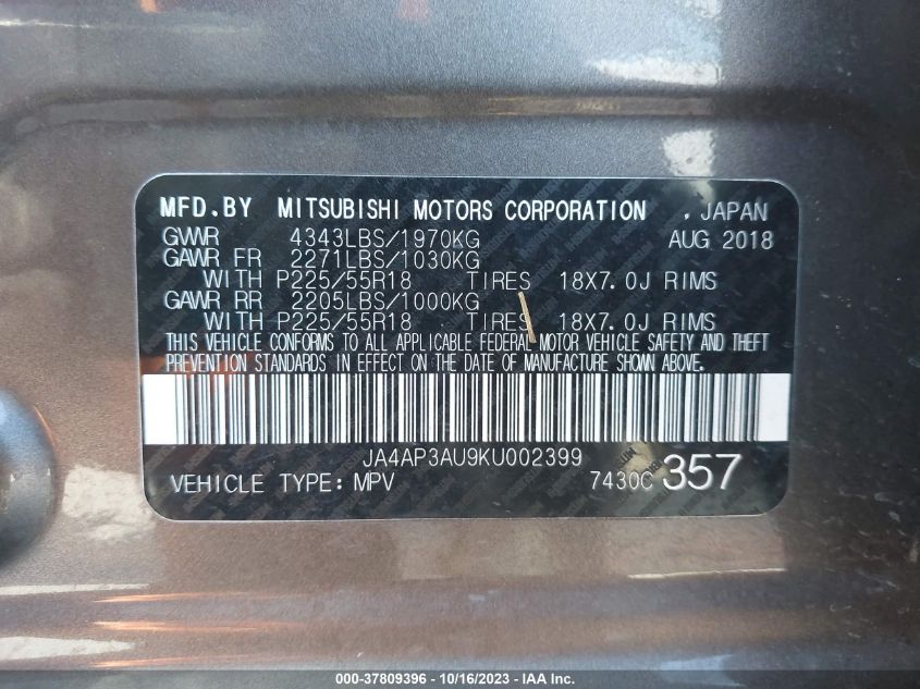 2019 MITSUBISHI OUTLANDER SPORT 2.0 - JA4AP3AU9KU002399