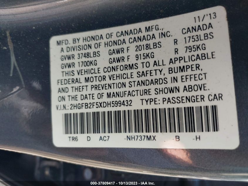 2013 HONDA CIVIC SDN LX 2HGFB2F5XDH599432