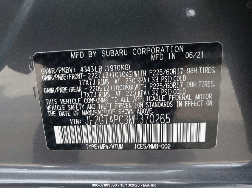 VIN JF2GTAPC3MH370265 2021 SUBARU CROSSTREK PREMIUM