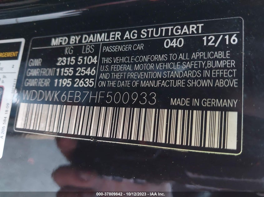 VIN WDDWK6EB7HF500933 2017 MERCEDES-BENZ C-CLASS AMG C 43
