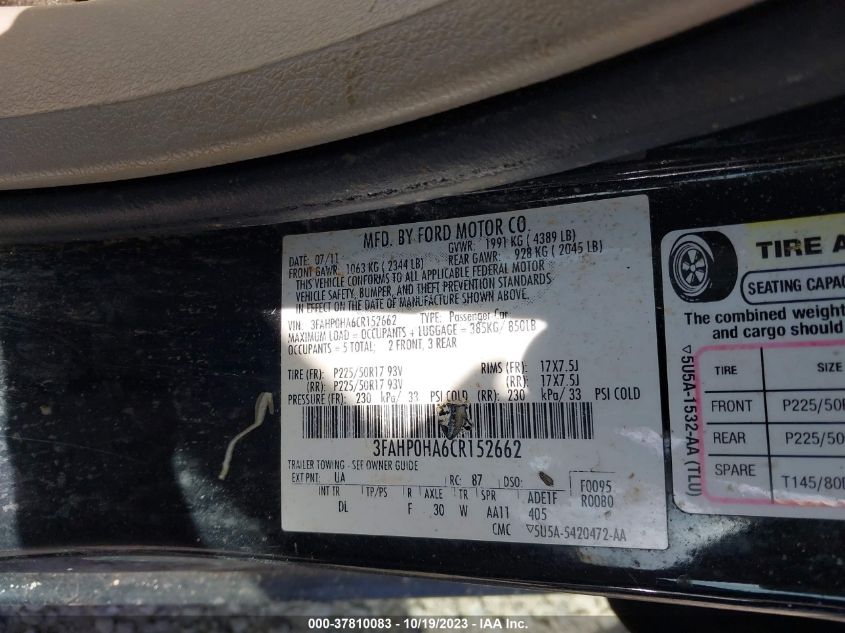 3FAHP0HA6CR152662 | 2012 FORD FUSION