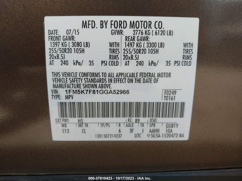 2016 FORD EXPLORER LIMITED - 1FM5K7F81GGA52966