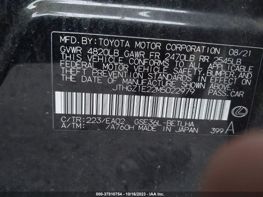 2021 LEXUS IS IS 350 F SPORT - JTHGZ1E22M5022979