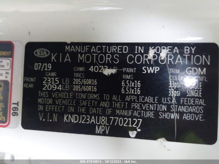 KNDJ23AU8L7702127 | 2020 KIA SOUL