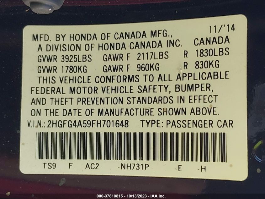 2015 HONDA CIVIC COUPE SI 2HGFG4A59FH701648