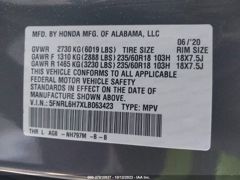 5FNRL6H7XLB063423 Honda Odyssey EX-L 9