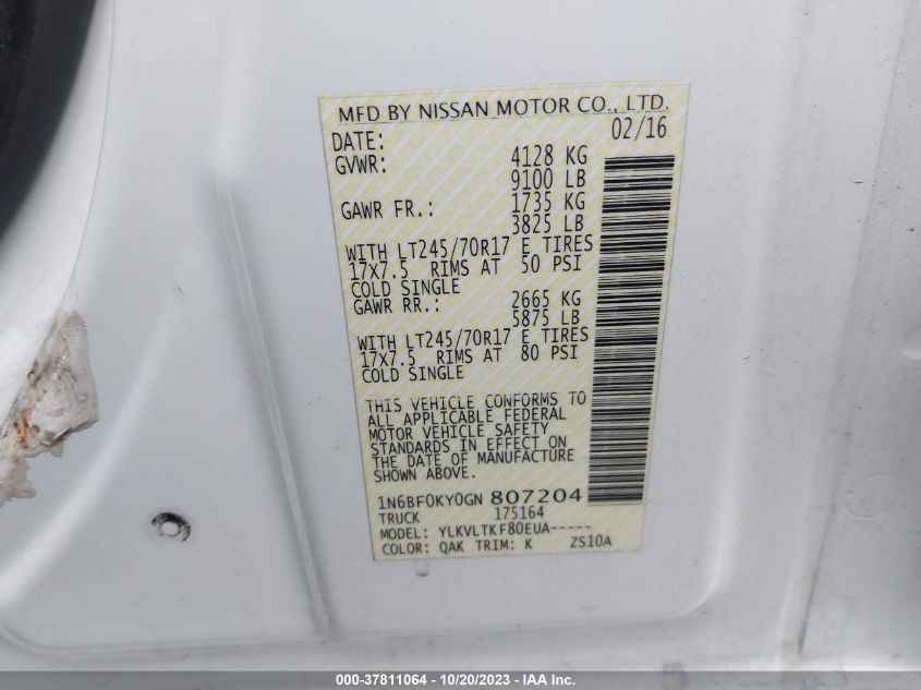 2016 NISSAN NV SV 1N6BF0KY0GN807204