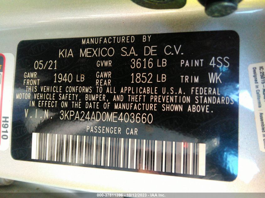 3KPA24AD0ME403660 Kia Rio LX/S 9