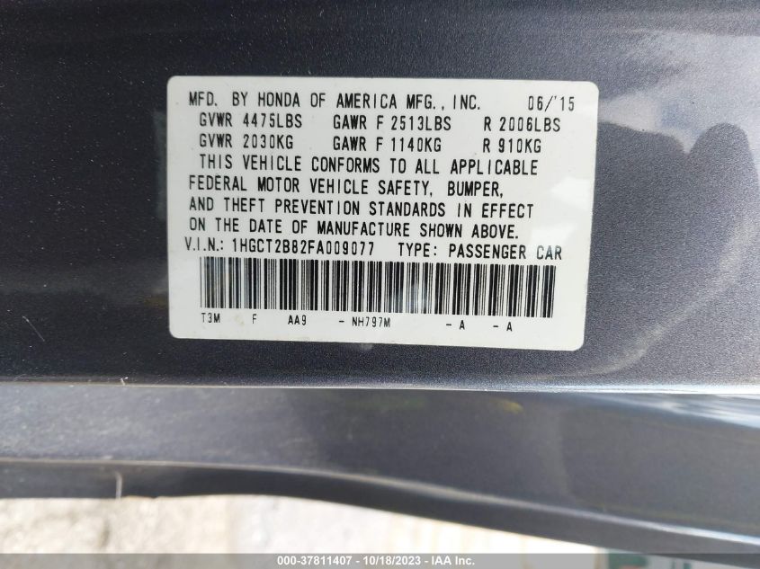 2015 HONDA ACCORD COUPE EX-L 1HGCT2B82FA009077