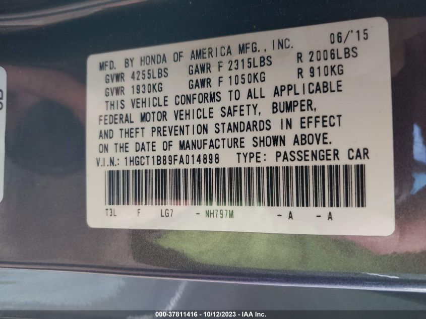 2015 HONDA ACCORD COUPE EX-L 1HGCT1B89FA014898