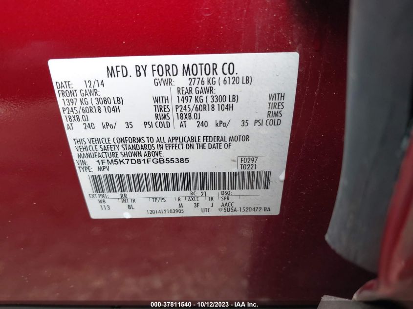 2015 FORD EXPLORER XLT - 1FM5K7D81FGB55385