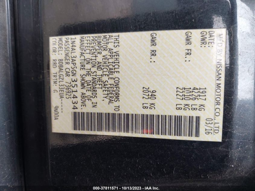 2016 NISSAN ALTIMA 2.5/S/SV/SL/SR - 1N4AL3AP5GN351434