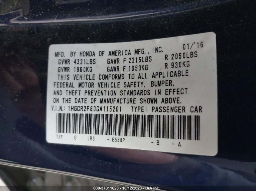 2016 HONDA ACCORD EX-L - 1HGCR2F80GA115201